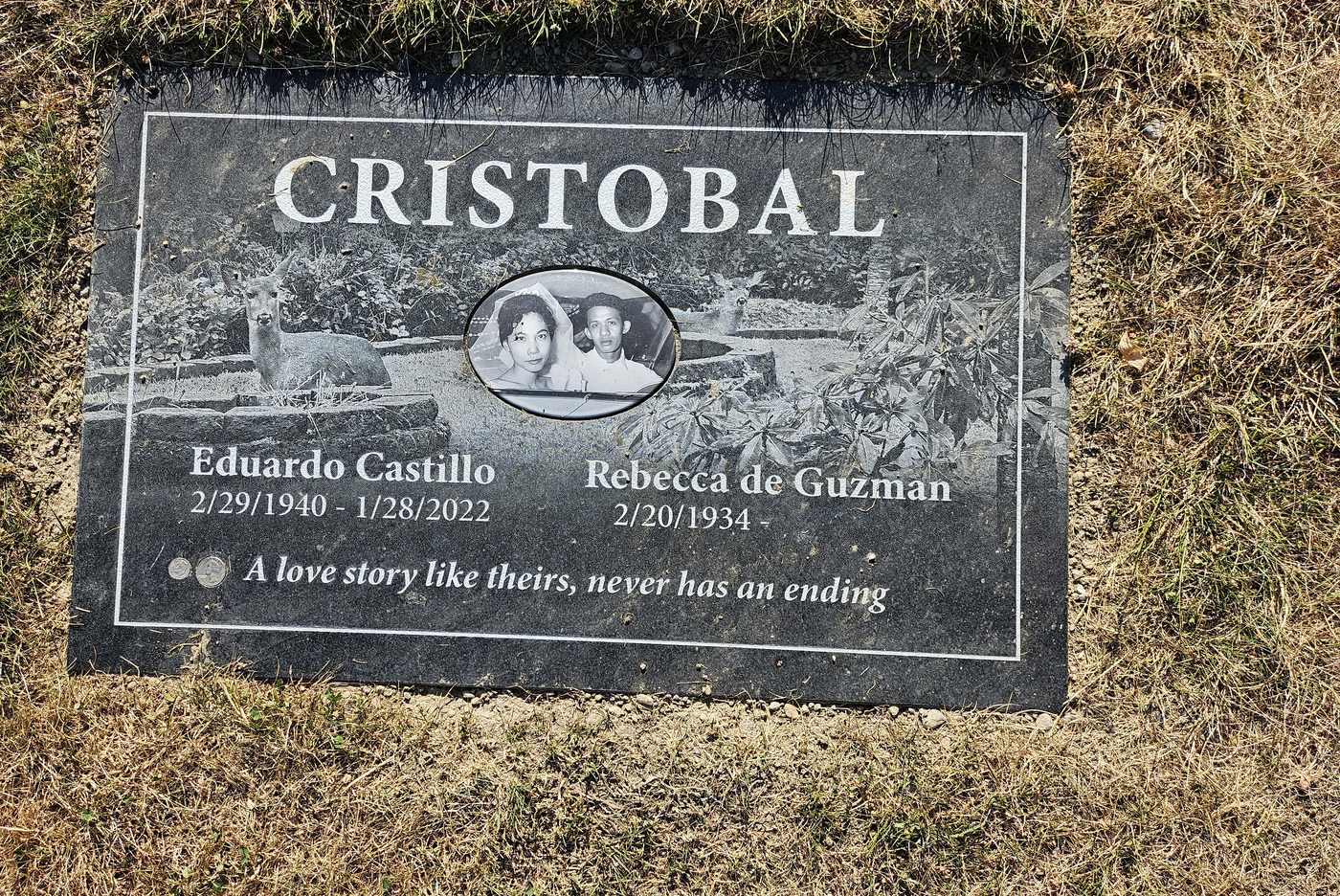 Black granite, laser-etched double portrait and garden scene