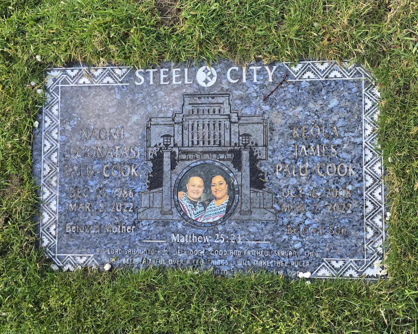 Blue pearl granite, laser-etched temple scene with a ceramic double portrait