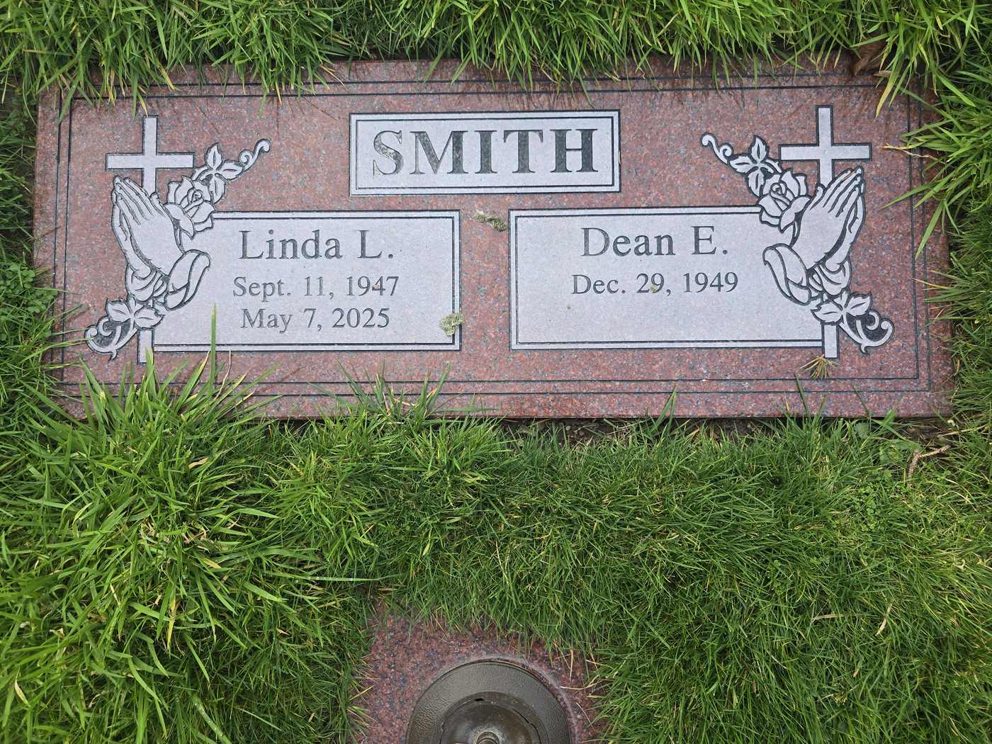 Red granite companion, praying hands and crosses