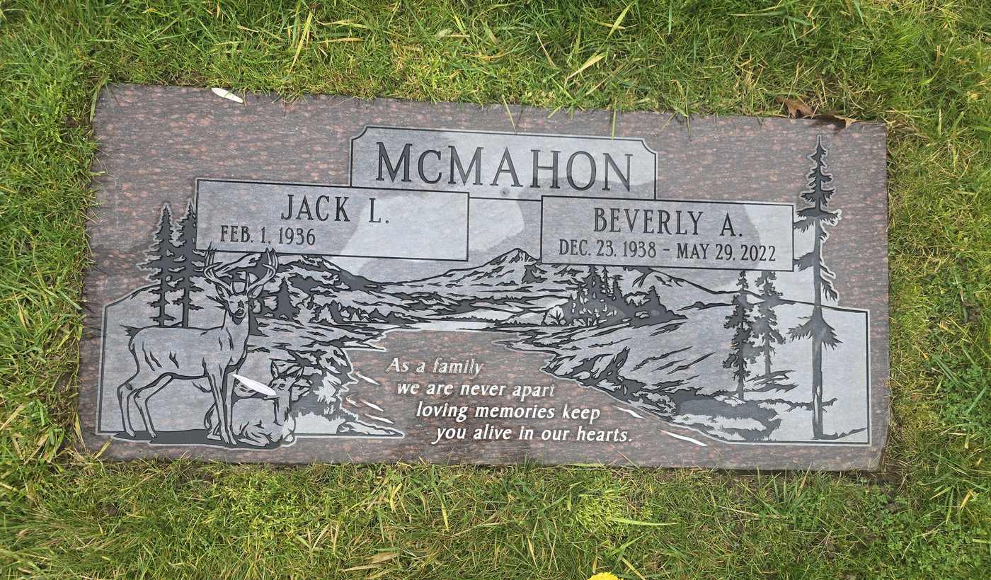 Mahogany granite companion, etched deer and mountain scene