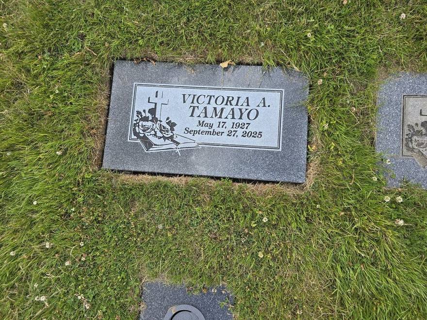A flush granite marker set in the lawn over a ground burial space